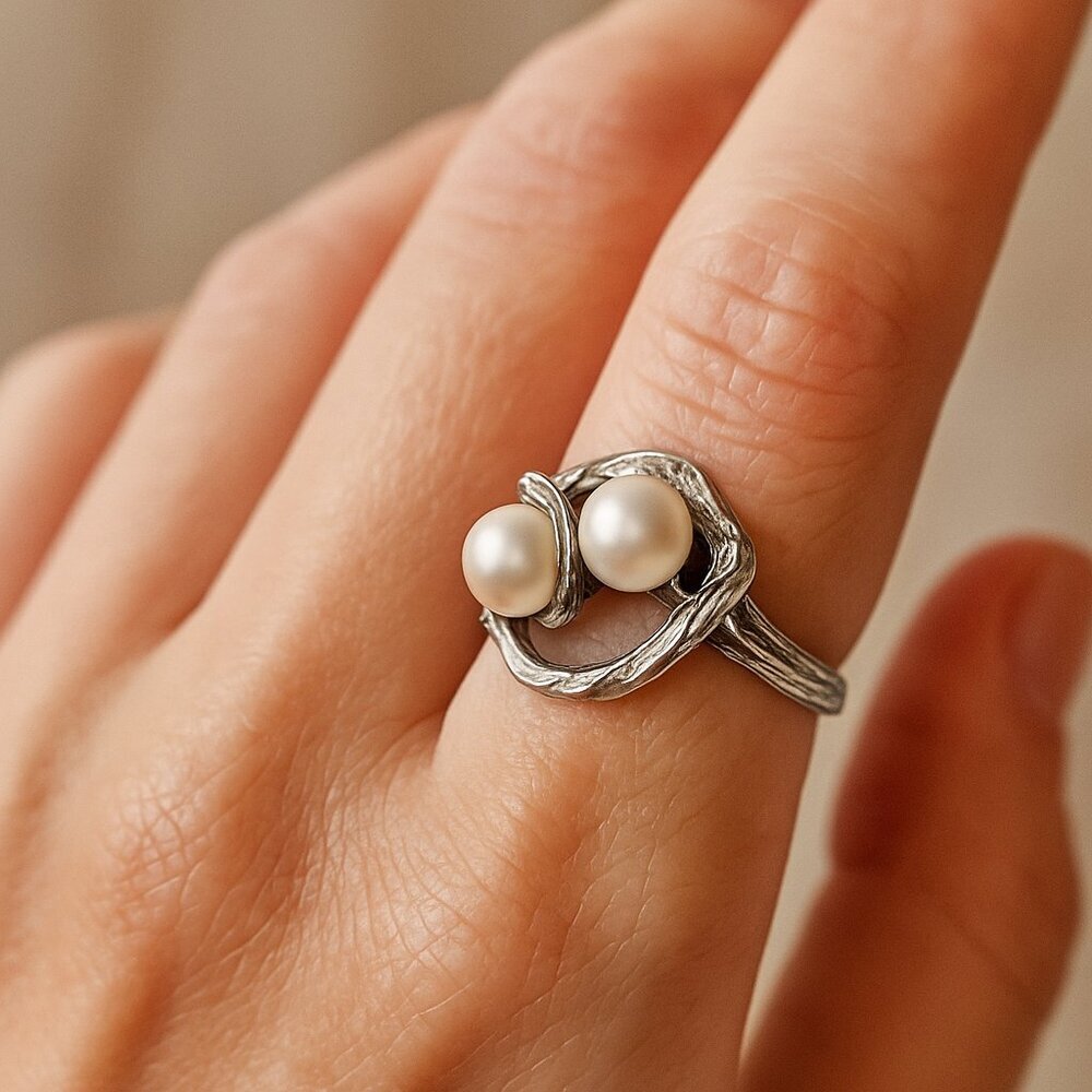 Sterling Silver Double Pearl Ring - White Pearls